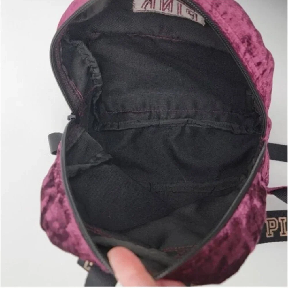 Victoria’s Secret PINK Burgundy Crushed Velvet Mini Backpack | Logo Straps | Zip - Picture 8 of 9